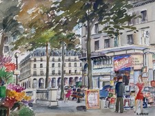Roland Hamon (1909-1987) Vintage French Watercolor Street Palais Royal Paris picture