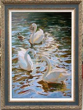 Hand Painted Classical Oil Painting Swans Lake Animal Art Canvas Vintage style picture