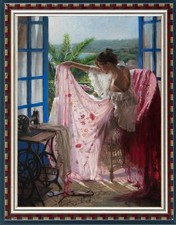 Hand Painted Oil Painting Lady by Window Vintage Figure Artwork On Canvas 24X36