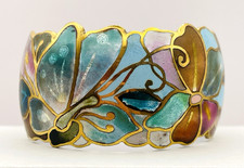 Vintage David Kuo Champleve Enamel Cuff Bracelet Butterfly Floral Wide picture
