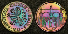 1922 Czechoslovakia 10 Hellers Coin RAINBOW toning (67-56) picture