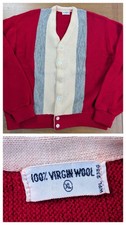 Vintage 60s 70s Wool Panel Cardigan Sweater Red Cream Grey Rockabilly Goodfellas picture