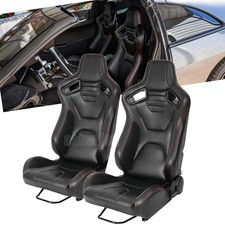 2Pc Universal Car Seat Racing Seats PVC Leather Reclinable Bucket Seat w/Sliders picture