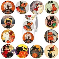 40 PCs Round 1” Vintage Halloween Stickers Ghost Black Cat Pumpkin Boo picture