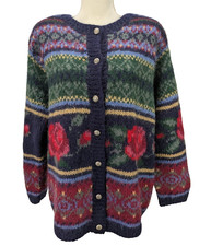 Vintage Deane & White Women’s L Mohair Cardigan Sweater Rose Floral Fair Isle picture