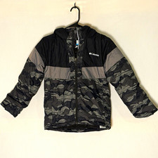 Columbia Boys Hooded Insulated Puffer Jacket Full Zip Black/Gray Geo M 10-12 picture