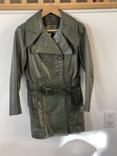 Vintage 70s Montgomery Ward The Tannery Green Leather Trench Coat Belted Sz 7/8 picture