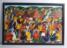Vtg Fritz Rock Haiti Art Painting Framed Signed Original Haitian Village Harvest picture