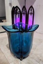 2007 Fenton Indigo Blue Glass Four Footed Square Trumpet Vase Ware 8155 Signed picture