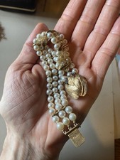 14 K cultured Pearl Vintage Bracelet Slide Clasp Leaf Charm picture