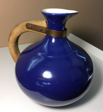**Vintage MCM CERAMIC COBALT BLUE CERAMIC CARAFE COFFEE POT WOOD COPPER 565 picture