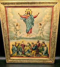 Antique Russian Orthodox Oleograph Print The Ascension of Jesus Christ Cyrillic  picture