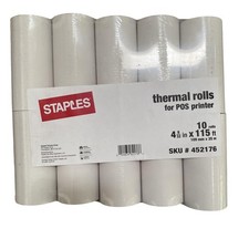 Staples Thermal POS Printer Paper Rolls White 4 9/32 X 115ft 10ct 452176 USA picture