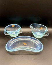 Fostoria Seascape Caribee Blue Opalescent Cream + Sugar Mid Century Modern MCM picture