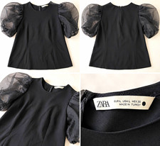 Zara Women’s Large Black Solid Puff Sleeve Blouse Round Neck Zip Closure picture