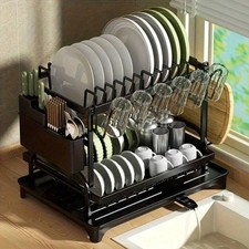 2-Tier Carbon Steel Dish Drying Rack w/ Drainboard Kitchen Storage picture