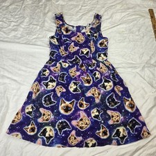 Retrolicious Modcloth Dress SZ M Space Cats Purple Fit Flare Midi Sleeveless USA picture