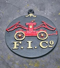 Vintage F. I. Co. Fire Insurance Company Cast Iron Fire Truck Plaque 11 3/4