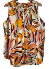 C&C California Top L Colorful 100% Linen Sleeveless Button Tropical Beach Boho picture