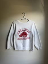Vintage 60s 70s Arkansas Razorbacks White Raglan Sweatshirt Red Flock Print Sz S picture
