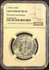 1946-D Walking Liberty Half Dollar ERROR Reverse Lamination MS64 NGC picture