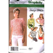 Simplicity 1692 Vintage 1940s Sewing Pattern Misses Tops Blouse Size 14-22 CUT picture