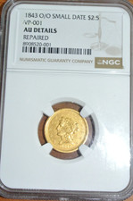 1843-O/O $2.50 Liberty Gold Quarter Eagle Small Date Repunched M/M RPM AU DETAIL picture