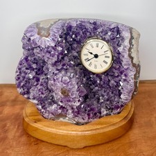 Natural Amethyst Geode Desk Clock Purple Crystal Cluster on Wood Base Quartz picture