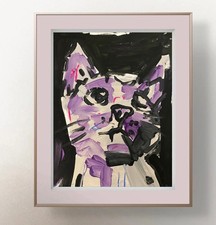 Oman Original Art 9x12 Neo Expressionist Paper Purple Kitty Cat Painting Fine picture