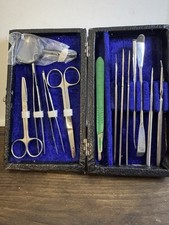 Vintage Student Biology Dissection Kit Tools Scalpel Forceps Scissors Hard Case picture