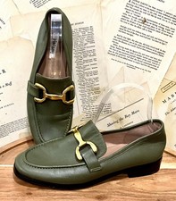 Anthropologie Bibi Lou Zagred Leather Loafers Moss Gold Matte Trim 39 NEW picture
