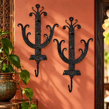 Lot 2 x Vintage NOS Wrought Iron Wall Hangers Hooks Pair Handmade India 12