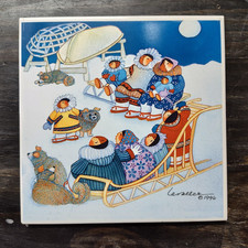 Barbara Lavallee Native American Art Dog Sled - Vintage 1996 Ceramic Tile Trivet picture