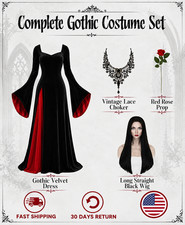 Gothic Women’s Velvet Maxi Dress Halloween Costume Black Red Lace Rose USA Sell picture