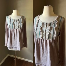 Vintage Miss Me Top Small Tan Ruffle Long Sleeve Babydoll Boho Whimsigoth Y2K picture