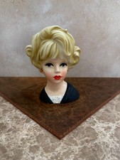 VINTAGE LADY HEAD VASE BLONDE ROYAL CROWN IN BLACK & WHITE MINIATURE 4.5” SCARCE picture