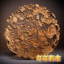 28cm Dongyang Wood Carving Round Koi Wall Hanging Chinese Home Decor picture
