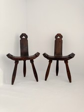 Vintage Set of 2 Primitive Tripot Hand Carved Spanish Birthing Chair picture