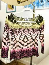 Vintage Y2K Takada Sheer Mesh Top Green Pink Abstract Print Long Sleeve L Italy picture