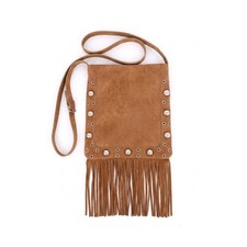 TIGERSTARS VINTAGE CAMEL STUDDED FAUX SUEDE FRINGE WESTERN CROSSBODY BAG picture