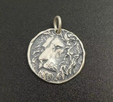 Handmade Unique Antiqued Sterling Silver Lion Head Round Charm Pendant Necklace picture