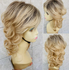 Medium Fluffy Wavy Dark Roots Blonde Mix Synthetic Hair Wigs Women Natural US picture