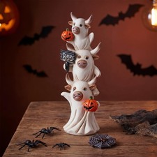 Highland Cow Halloween Ghost Figurine 7.9 Inch with Pumpkin Resin Cute Stacked D picture