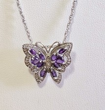Signed Vintage Marquise Amethyst Sterling Silver Butterfly Pendant Necklace 925  picture