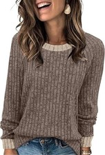 WIHOLL Lightweight Sweater Womens Large Khaki w/cream trim LS Stretch NWT picture