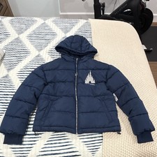 Disney Disneyland Resort Blue Hooded Puffer Jacket Castle Logo Size S picture
