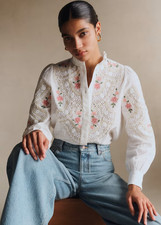NWT Sezane Maggy Shirt in Ecru Cross Stitch Embroidery Button Down Top 34 / US 2 picture