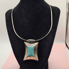 Mexico 925 Sterling Silver Necklace Torque Turquoise Color Modernist Pendant 46g picture