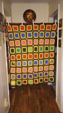 Vintage 1970s Granny Square Afghan Hand Crochet Colorful Retro Throw 50 x 38 picture