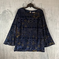 Eci Women's Top Velvet Burnout Long Bell Sleeve Blue Y2K Floral Blue Gold VTG XL picture